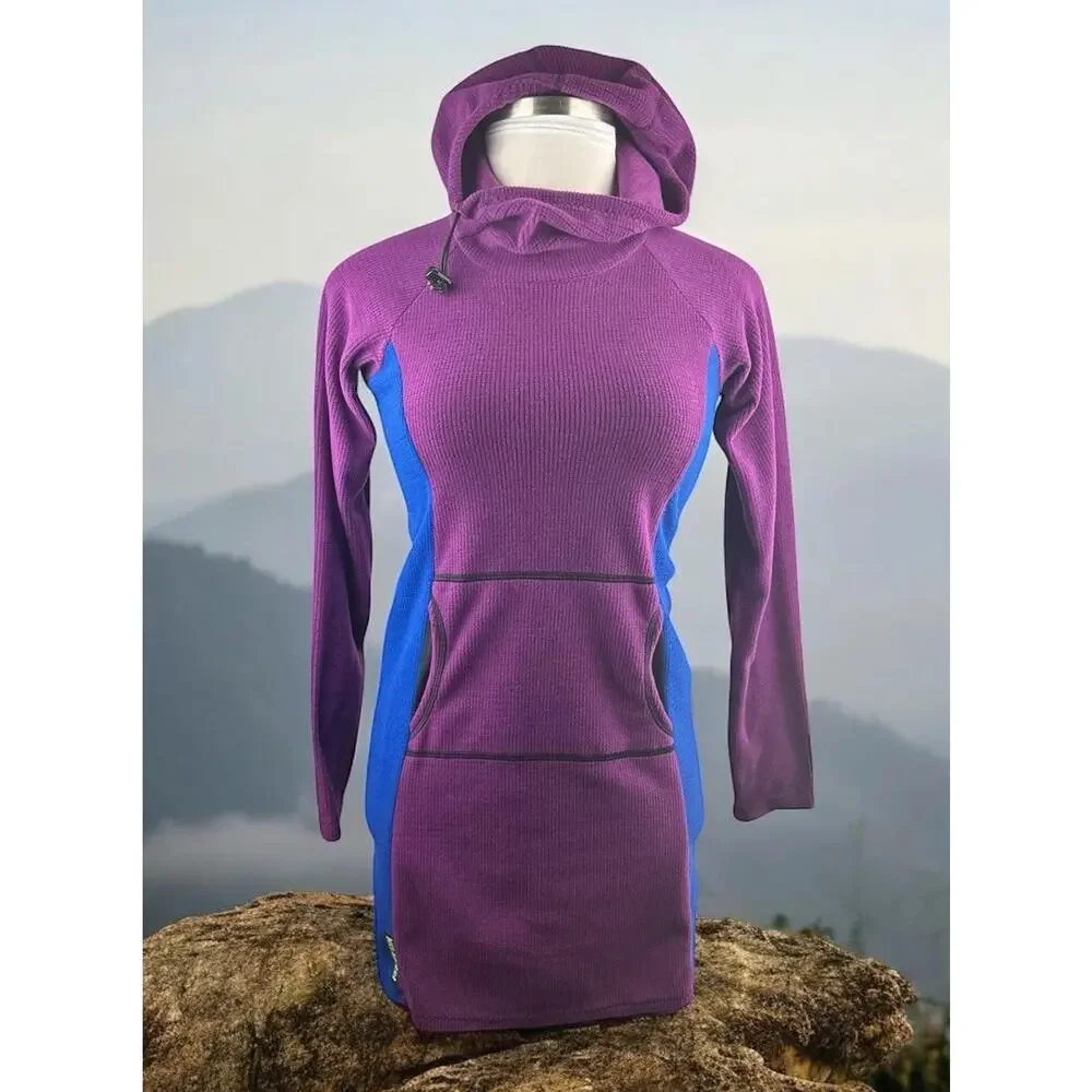 Melanzana Hooded Micro Grid Fleece Dress Hoody Purple & Blue Women’s Size Small - Picture 16 of 16